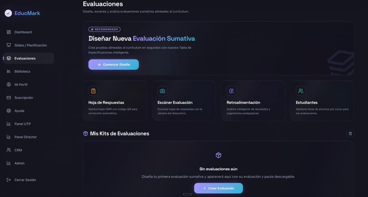 Seccion de evaluaciones EducMark -- disenar, escanear y retroalimentar automaticamente
