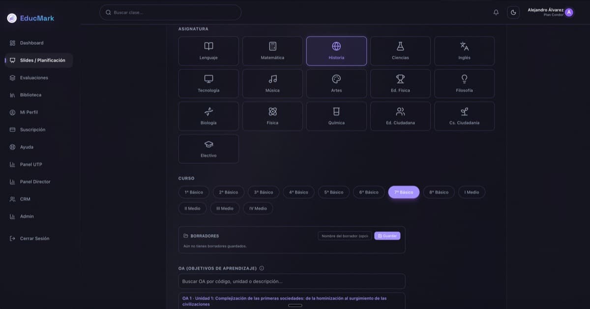 Formulario de generacion EducMark -- selecciona asignatura, curso y OA del MINEDUC
