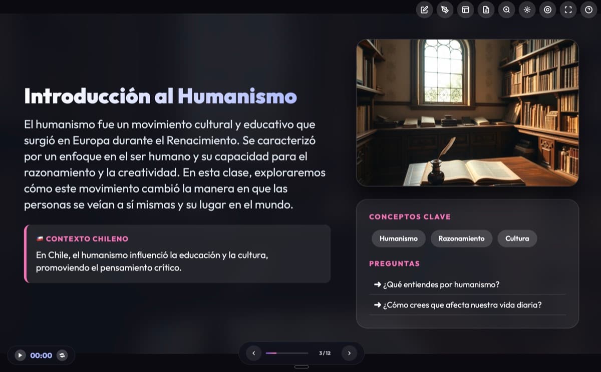 Diapositiva generada por EducMark -- Introduccion al Humanismo con imagen IA contextualizada